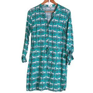 Crown & Ivy Women Size 10 Green Animal Print Monkey Drawstring Waist Shirt Dress
